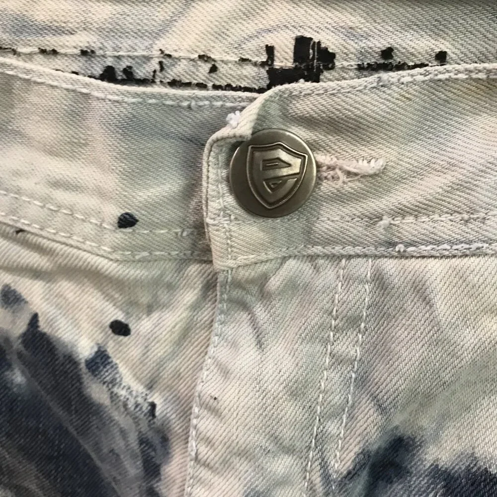 Encrypted Denim Shorts Mens 46 Distressed Denim Bleach Tie Dye Streetwear Jean